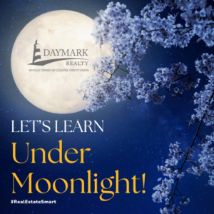 A graphic depicting a full moon, with the Daymark logo printed on its surface, appearing behind a flower covered branch with the caption, "Let's learn under moonlight!" beneath it.